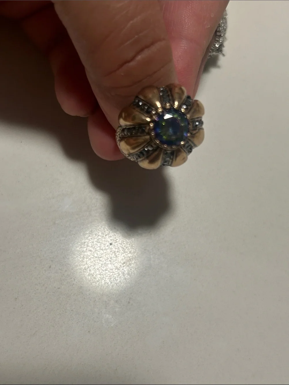 Vintage Gold-Bronze Tone Dome Ring with Blue Center Stone Adjustable